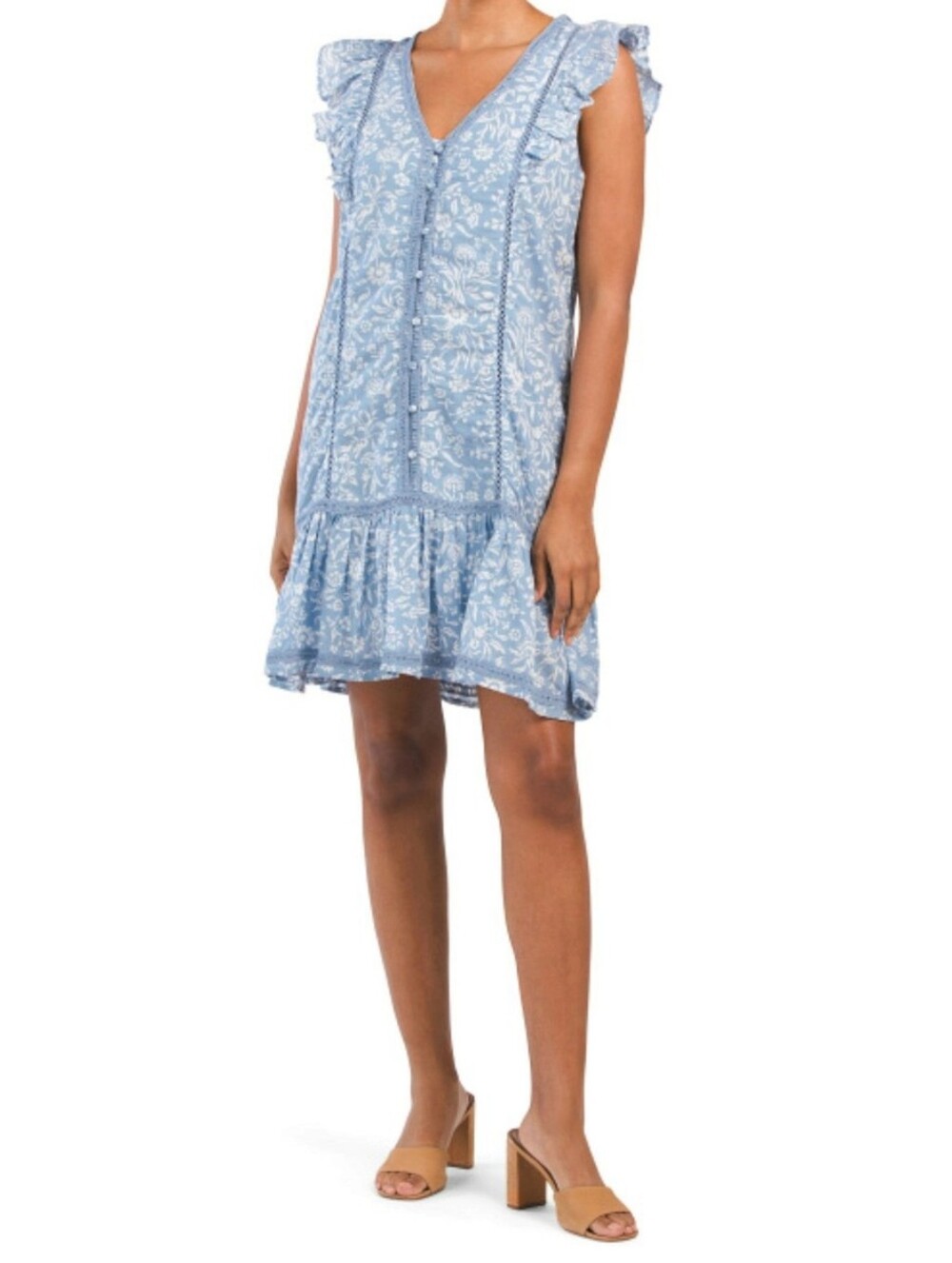 NWT Lucky Brand Blue Floral Lace Trim Ruffle Flounce Mini Dress – Size S